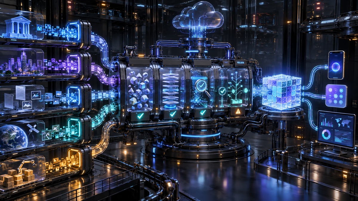 多行业数据经过来源质量版本和权限闸门进入可信数据仓的三维场景