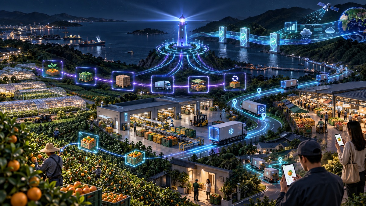 果园分选仓冷链市场和订单围绕数字灯塔并接入授权市场数据的三维农业经营场景