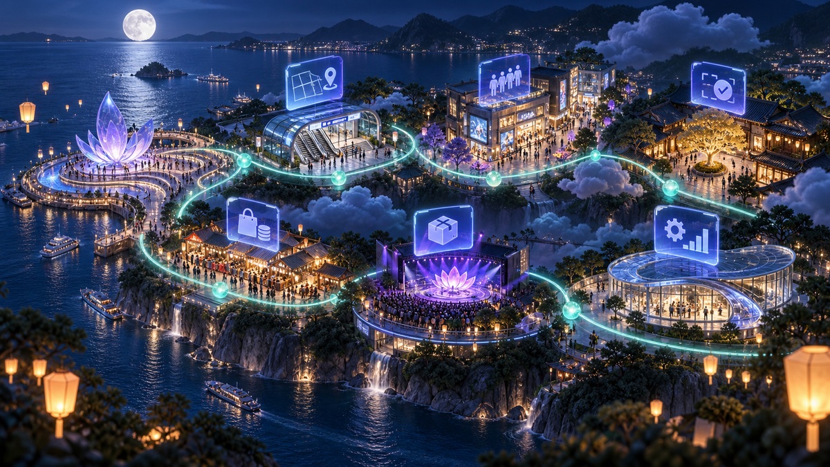 七个文旅点位通过地图签到商户核销排队和运营节点连接小程序中枢的月夜三维城市