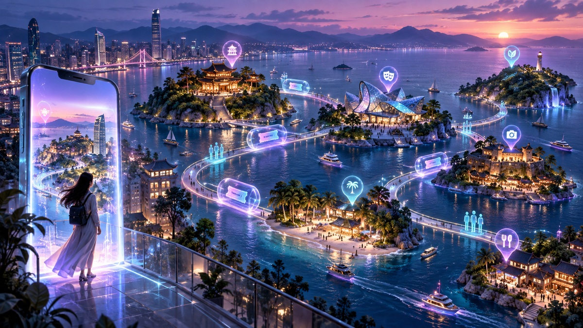 多处文旅活动场景通过预约核销和客流节点连接小程序入口的三维城市星图
