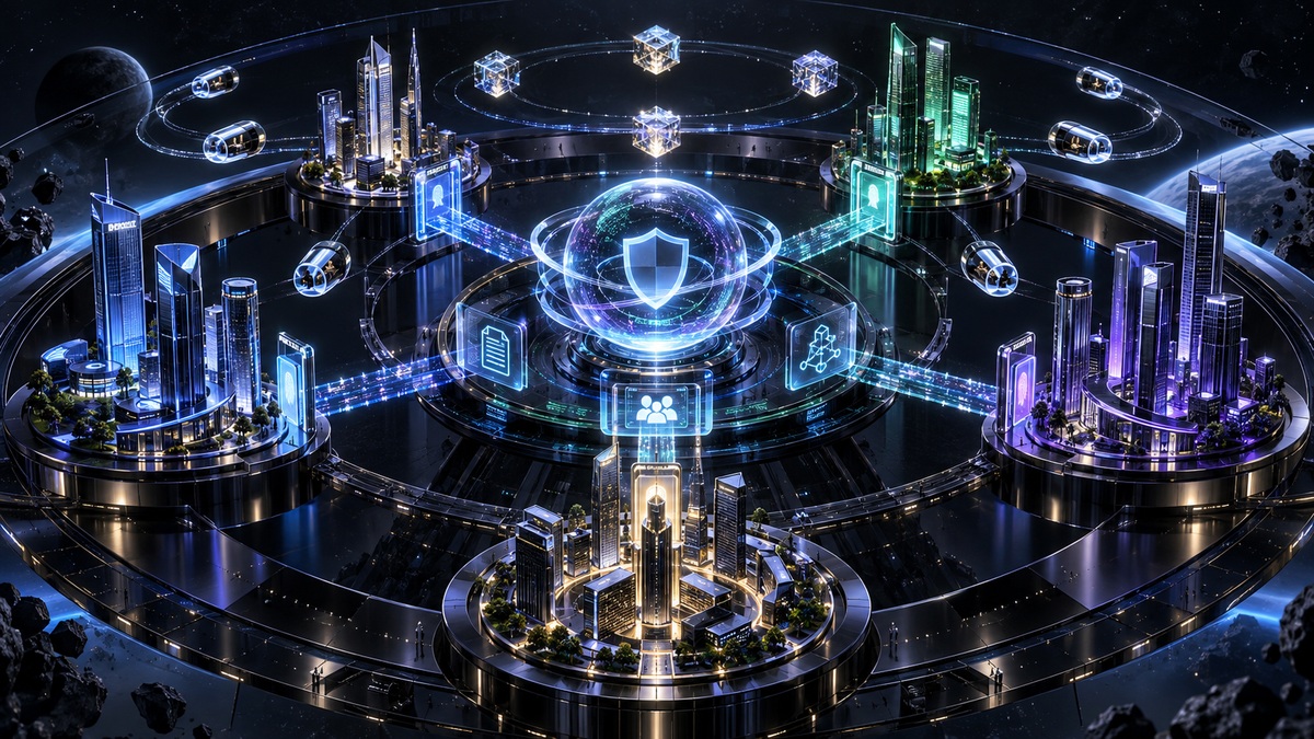 多个组织通过数字凭证闸门和数据桥连接治理核心的三维协作平台