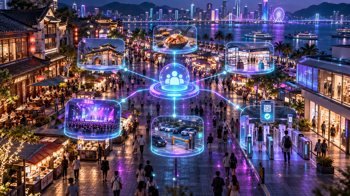 古镇街区餐饮零售与活动节点连接会员券码中枢的三维夜间消费场景