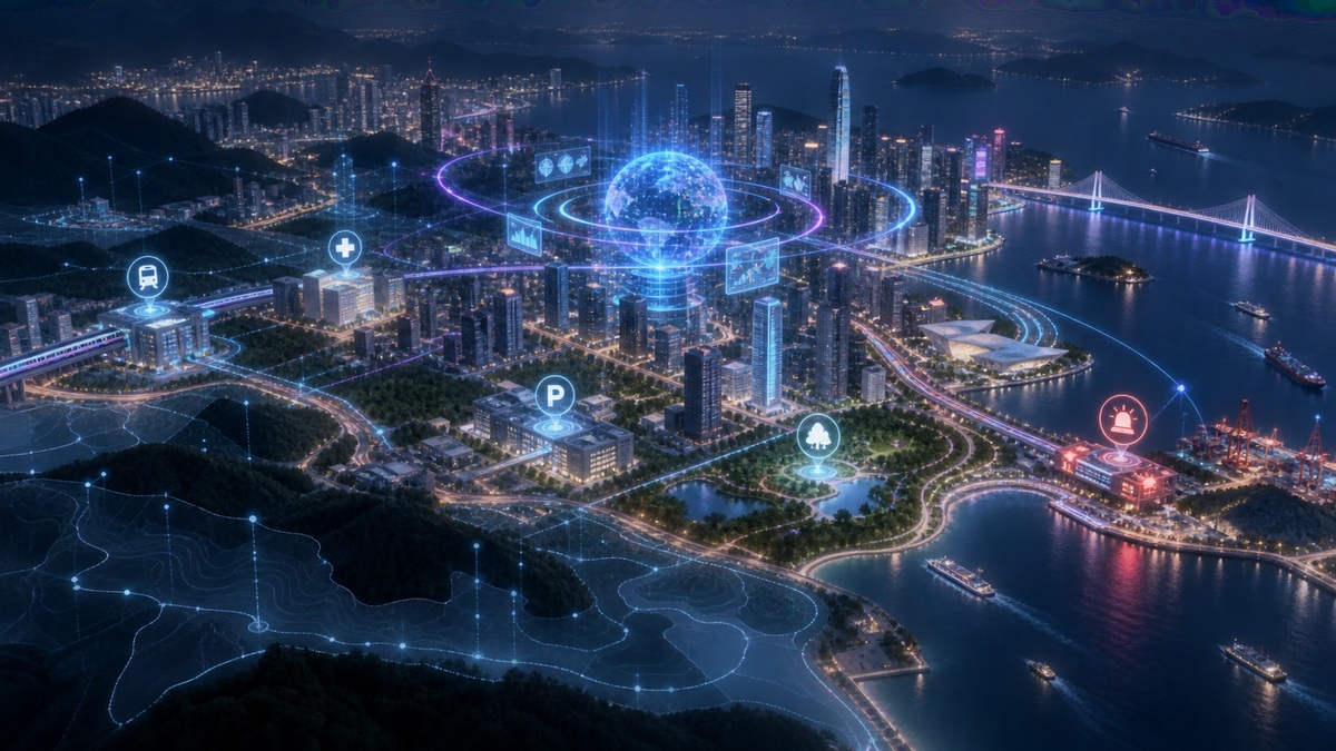 交通医疗公园停车与应急节点叠加在沿海城市数字孪生地图上的三维场景