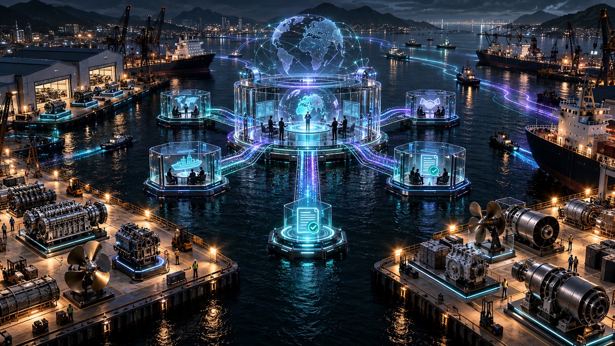 船舶部件供应商码头询价流多语言洽谈室和合同节点组成的三维供采平台