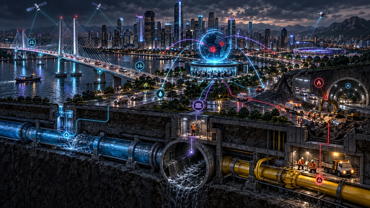 城市地下管网桥隧传感器告警和现场抢修队伍相连的深色三维场景