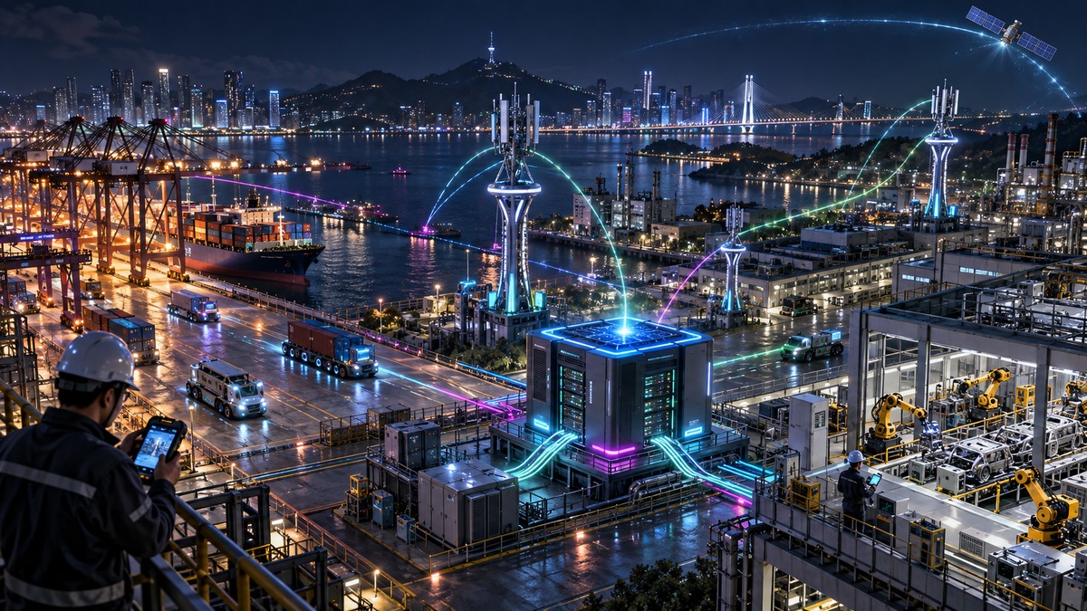 沿海智慧城市由5G-A基站和边缘计算核心连接手机工厂港口车辆的深色三维场景