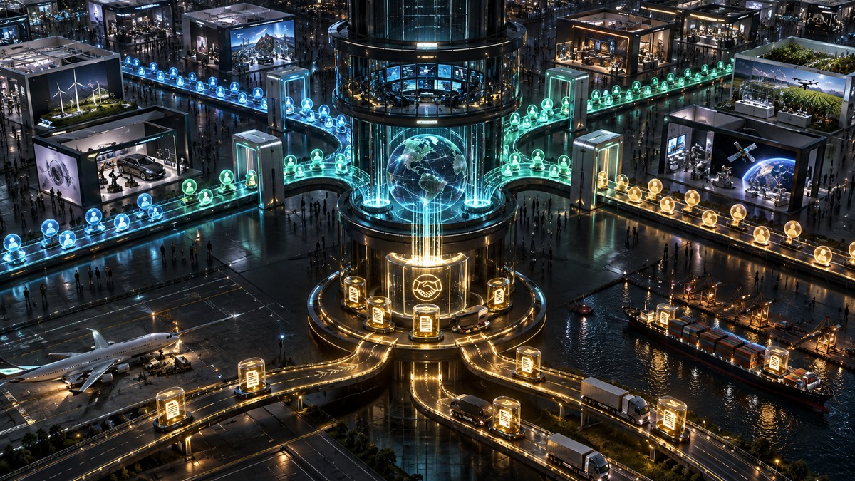展会展位线索经过分级闸门进入订单履约控制塔的深色三维场景