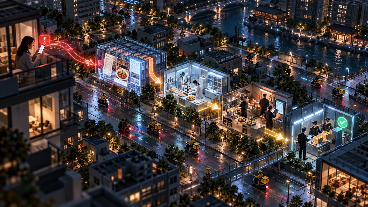 网络餐饮投诉连接订单证据抽检整改和复核的深色三维场景