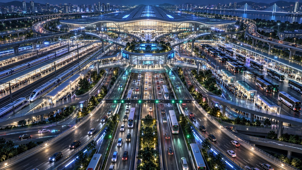 铁路公路与客运流量汇入弹性移动服务平台的深色三维场景