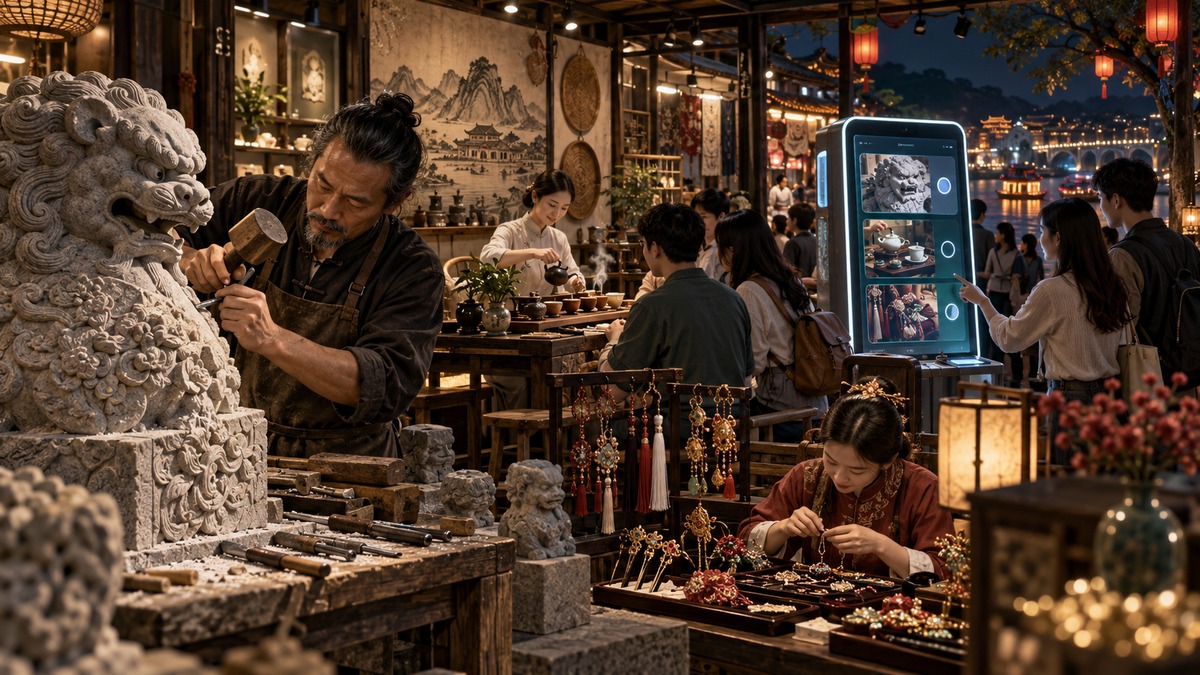 非遗手作课堂与移动预约核销协同的深色三维场景