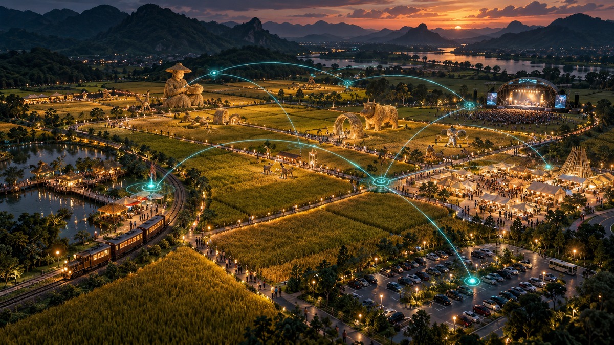 稻田艺术节场地分区与移动运营网络联动的深色三维场景