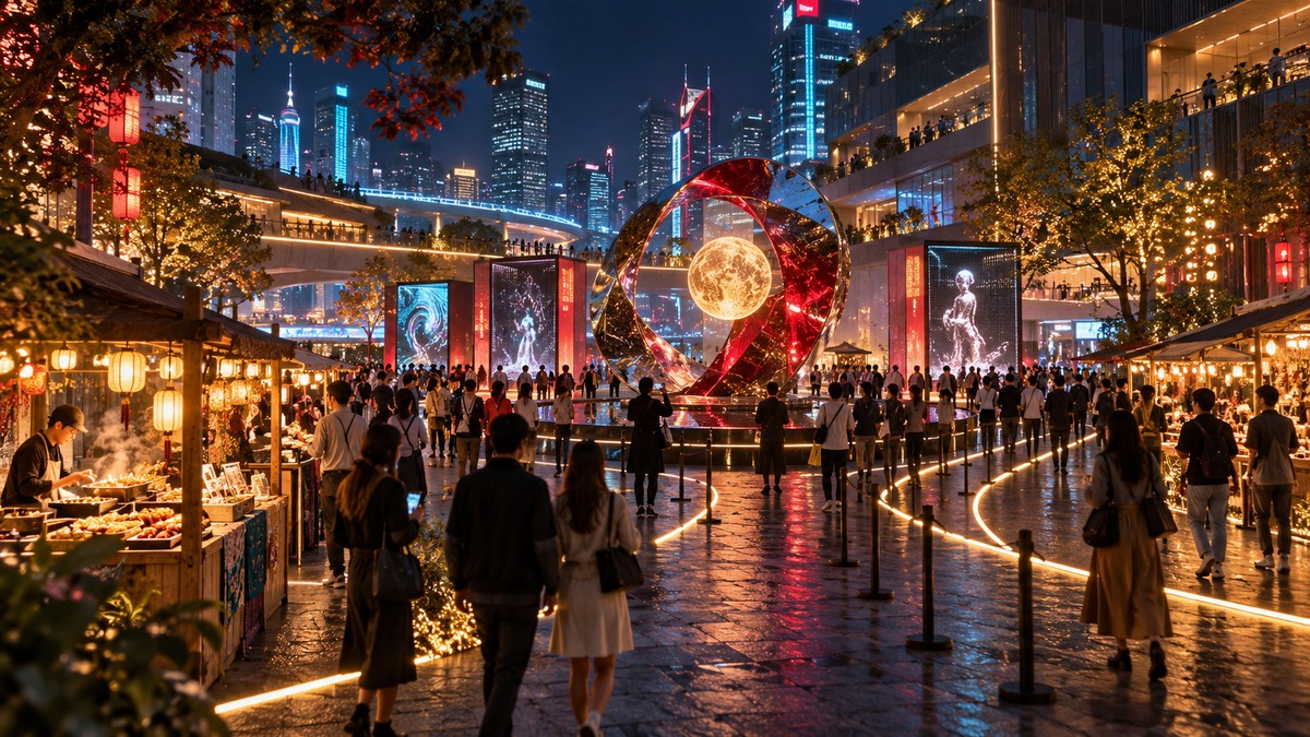 夜间商圈首展、市集和人流调度的深色三维场景