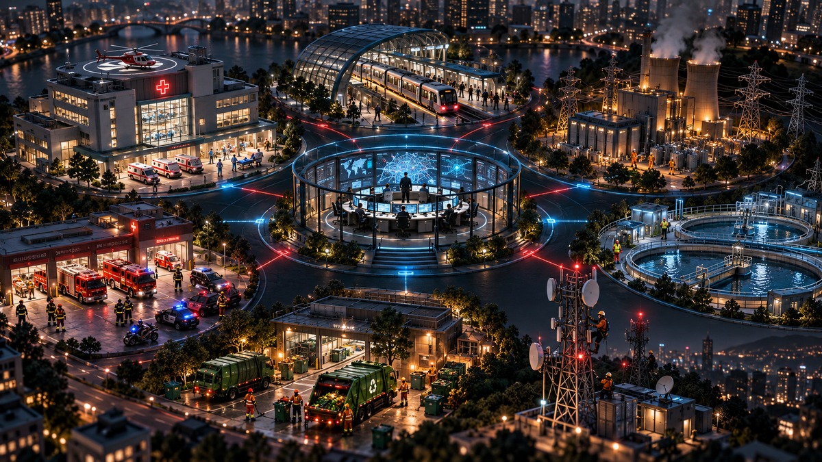 医疗、交通、能源和应急一线值守协同的深色三维场景
