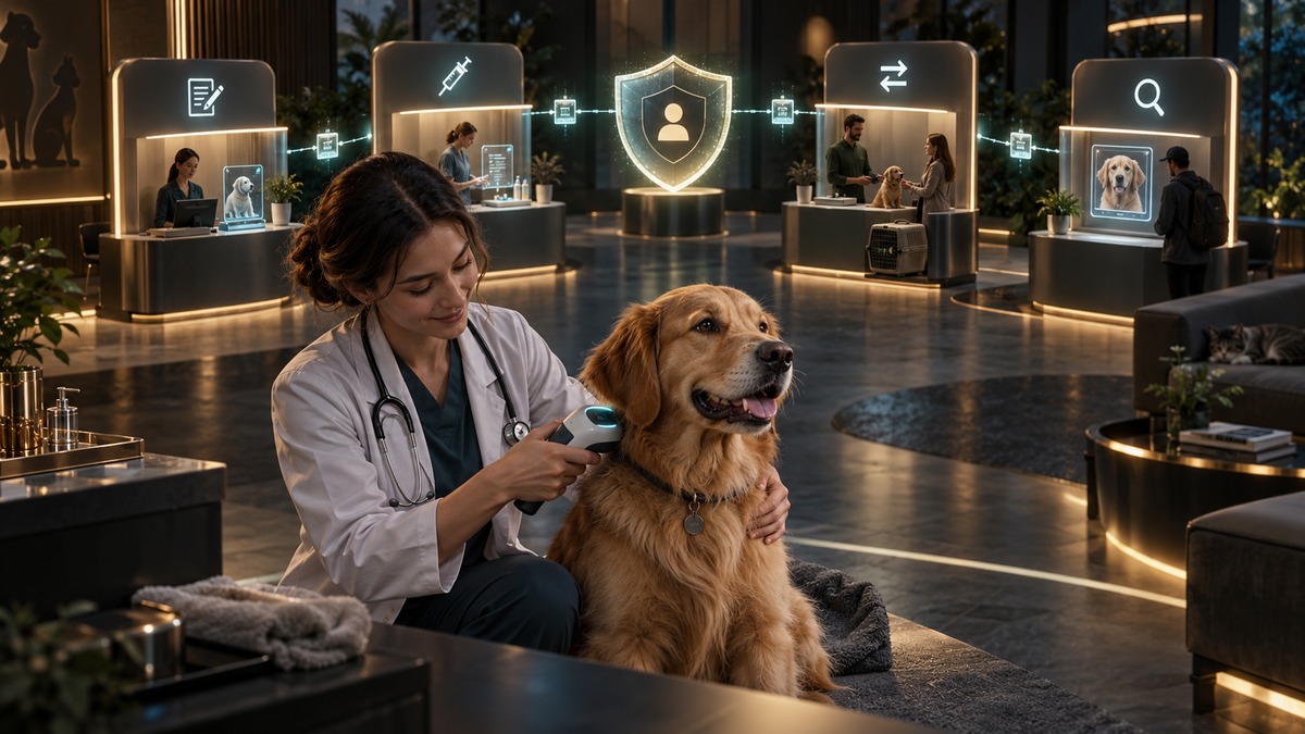 犬只电子芯片、登记核验与合规溯源的深色三维科技场景