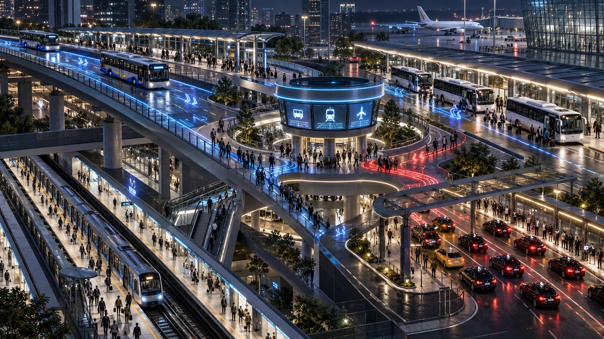 公交、地铁、机场接驳和出租车联合调度的深色三维城市交通场景