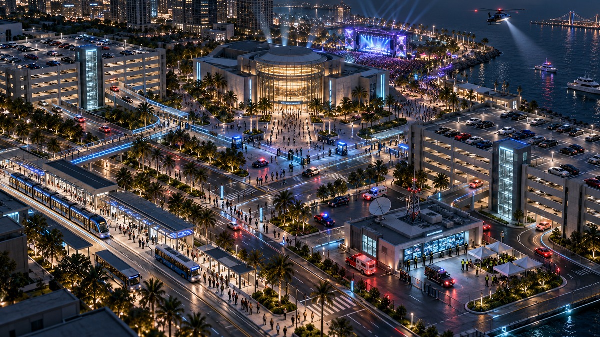 大型活动客流、共享停车和城市协同保障的深色三维场景