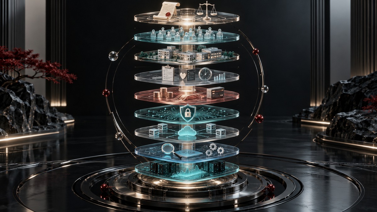 长期照护数字系统九层成本结构的深色三维拆解场景