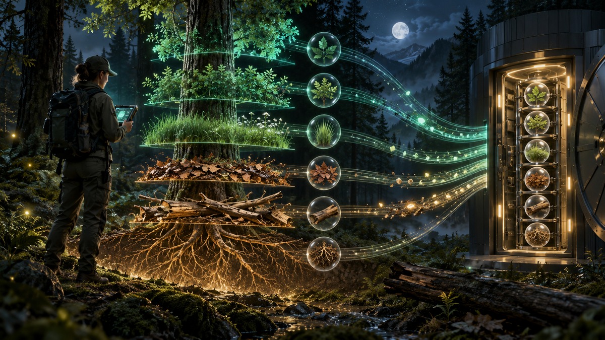 调查人员在森林样地采集五类碳库数据并封存证据的深色三维场景